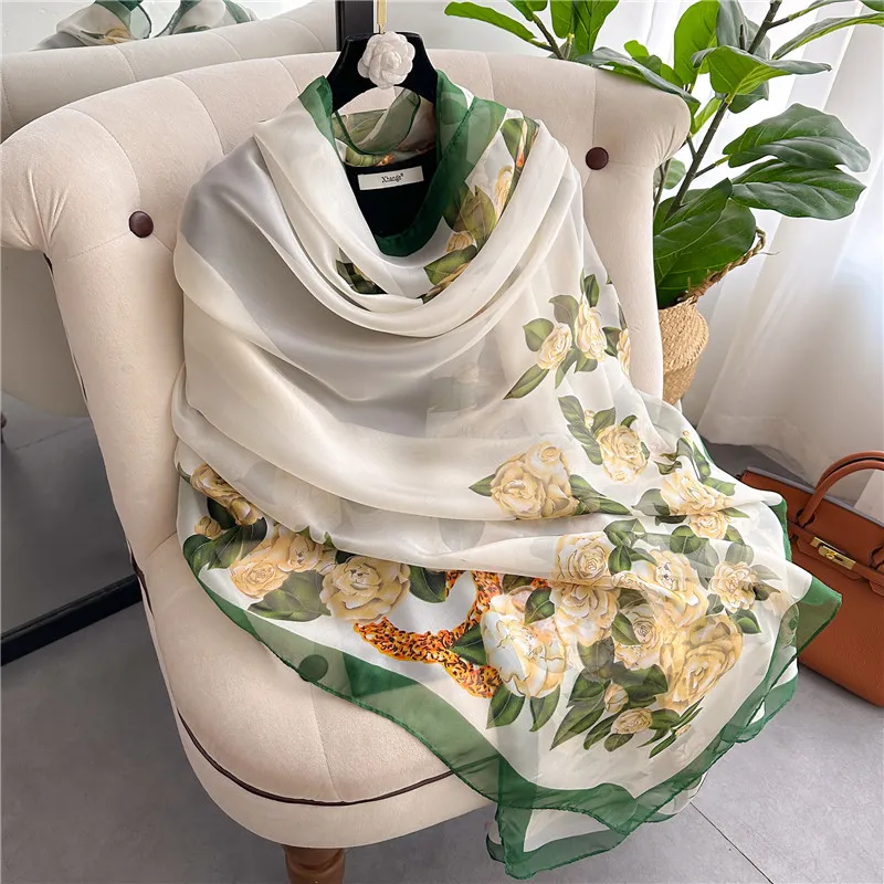 Women's Fashion Scarf With Geometric Leaves Print, Simulation Silk, Medium Length