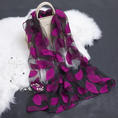 Women Fashion Organza Leaves Printed Silk Scarf