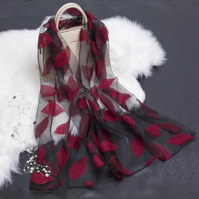 Women Fashion Organza Leaves Printed Silk Scarf