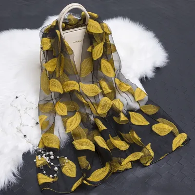 Women Fashion Organza Leaves Printed Silk Scarf