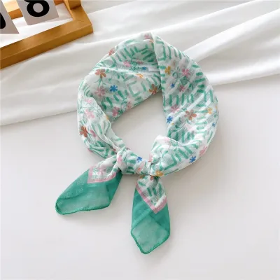 Women's Fashion Polyester Floral Stripe Printed Square Scarf Lady Cute Sweet Princess College Pastoral Vacation Style