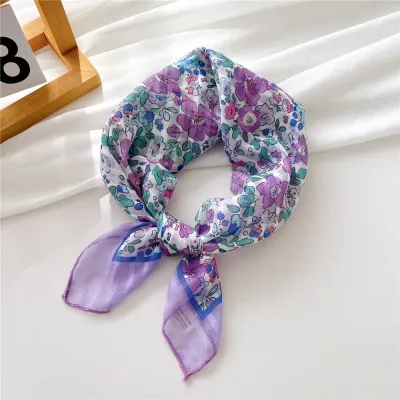 Women's Fashion Polyester Floral Stripe Printed Square Scarf Lady Cute Sweet Princess College Pastoral Vacation Style