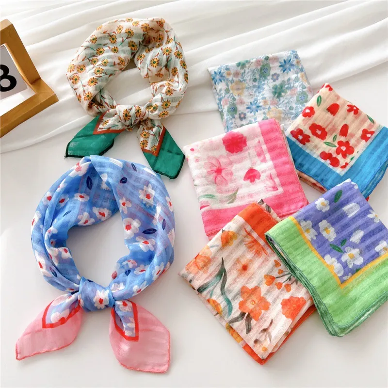 Women's Fashion Polyester Floral Stripe Printed Square Scarf Lady Cute Sweet Princess College Pastoral Vacation Style