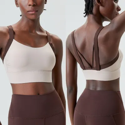 Women Yoga Color Contrast Sports Bra with Thin Mold Cup