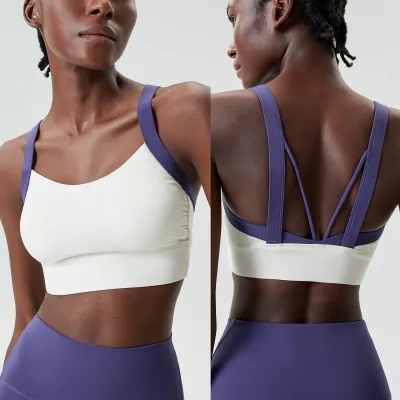Women Yoga Color Contrast Sports Bra with Thin Mold Cup