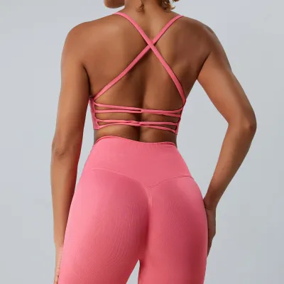 Women Yoga Solid Color Backless Cross Sports Bra