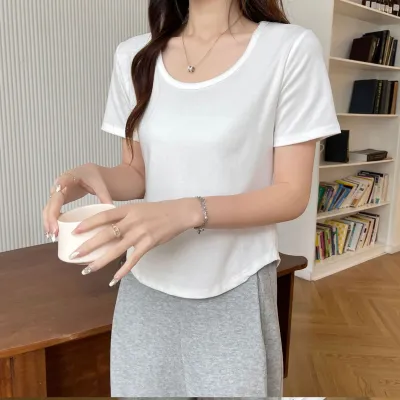Women Basic U Neck Short-Sleeved Summer Cotton Stretch Slim-Fit T-Shirt