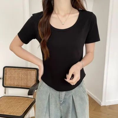 Women Basic U Neck Short-Sleeved Summer Cotton Stretch Slim-Fit T-Shirt