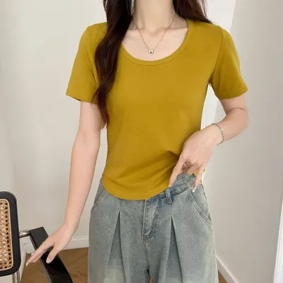 Women Basic U Neck Short-Sleeved Summer Cotton Stretch Slim-Fit T-Shirt