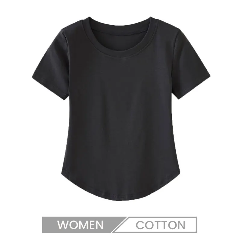 Women Basic U Neck Short-Sleeved Summer Cotton Stretch Slim-Fit T-Shirt