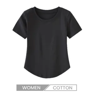 Women Basic U Neck Short-Sleeved Summer Cotton Stretch Slim-Fit T-Shirt