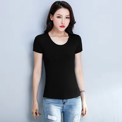 Women's Cotton Short-Sleeved Slim-Fit Crew Neck T-Shirt - Solid Color Summer Custom