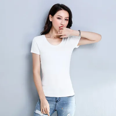 Women's Cotton Short-Sleeved Slim-Fit Crew Neck T-Shirt - Solid Color Summer Custom
