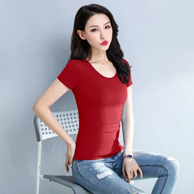 Women's Cotton Short-Sleeved Slim-Fit Crew Neck T-Shirt - Solid Color Summer Custom