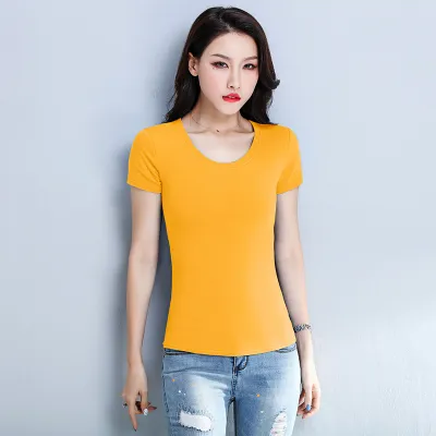 Women's Cotton Short-Sleeved Slim-Fit Crew Neck T-Shirt - Solid Color Summer Custom