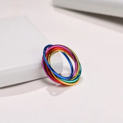 Men Simple Stainless Steel 6 Ring Rainbow Color Ring