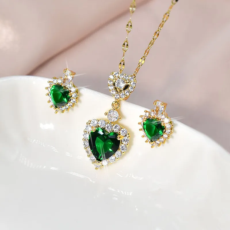 Women Fashion Heart-Shaped Rhinestone Pendant Titanium Steel Necklace Earrings Set