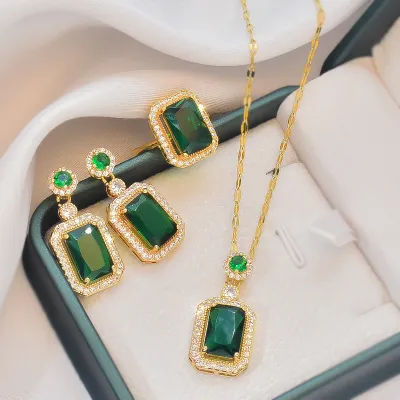 Women Fashion Vintage Emerald Jewel Necklace Earrings Ring Three-Piece Set