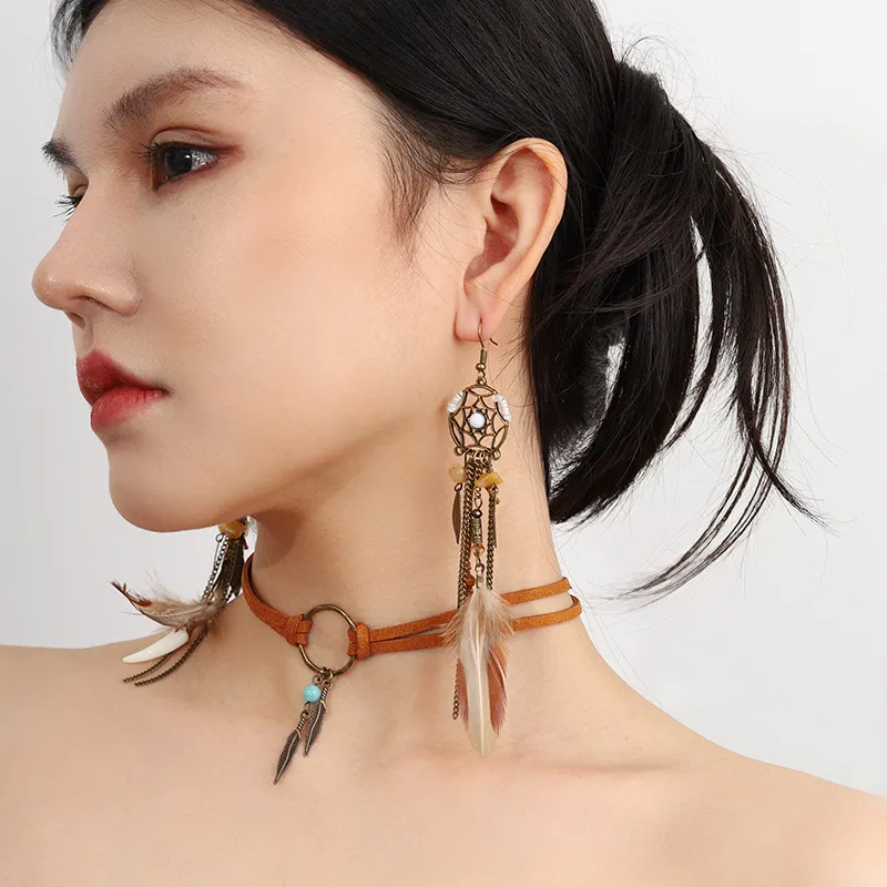 Women Retro Leather Dream Catcher Horn Feather Tassel Earrings Necklace Set