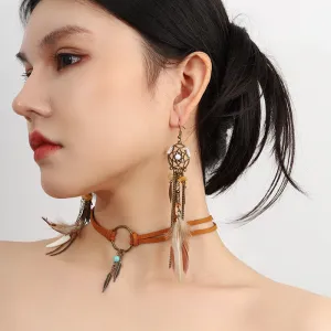 Women Retro Leather Dream Catcher Horn Feather Tassel Earrings Necklace Set