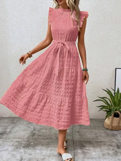 Women Casual Solid Color Sleeveless Ruffle Midi Dress