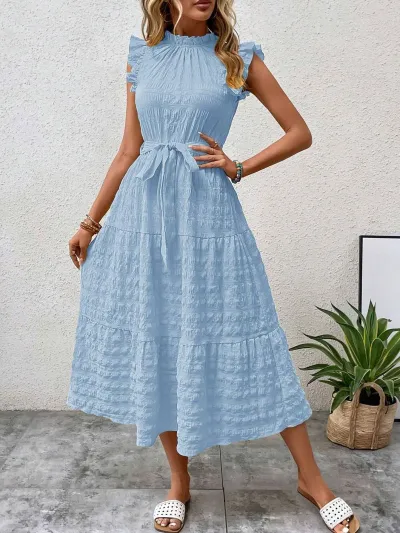 Women Casual Solid Color Sleeveless Ruffle Midi Dress