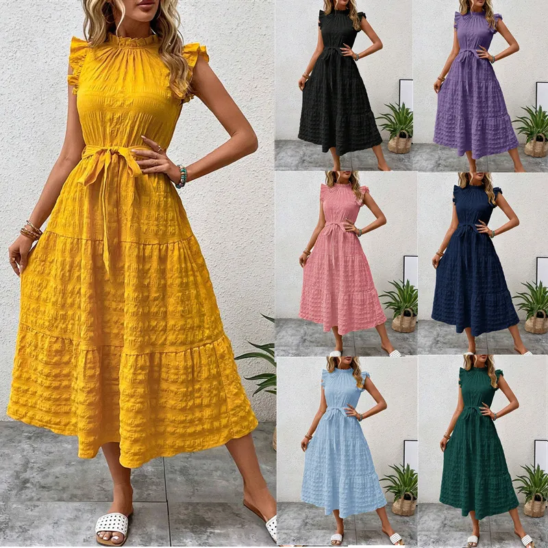 Women Casual Solid Color Sleeveless Ruffle Midi Dress