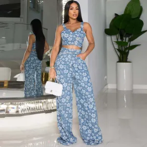 Women's Denim Jacquard Pants Set with Floral Pattern - Socialite Style