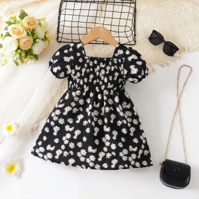 Kids Baby Girls Casual Cute Tiny Floral Print Puff Sleeve Princess Dress