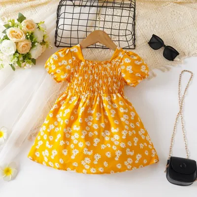 Kids Baby Girls Casual Cute Tiny Floral Print Puff Sleeve Princess Dress