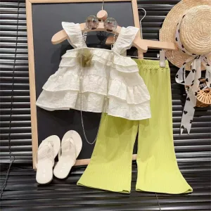 Kids Toddler Girls Fashion Casual Solid Color Strap Top Flare Trousers Set Pullover Sleeveless