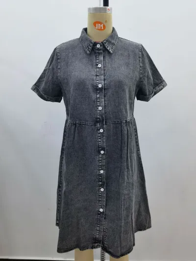 Summer Women Lapel Button Short Sleeve Denim Dress