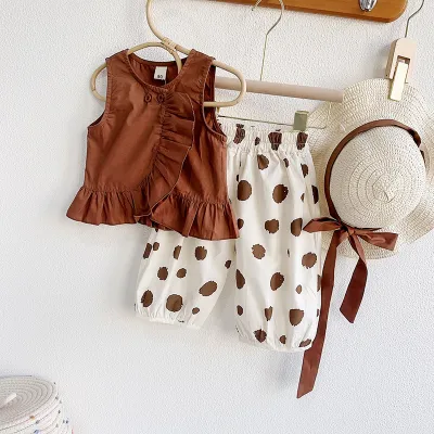 Kids Toddler Girls Fashion Casual Solid Color Sleeveless Top Polka Dot Pants Set Two-Piece