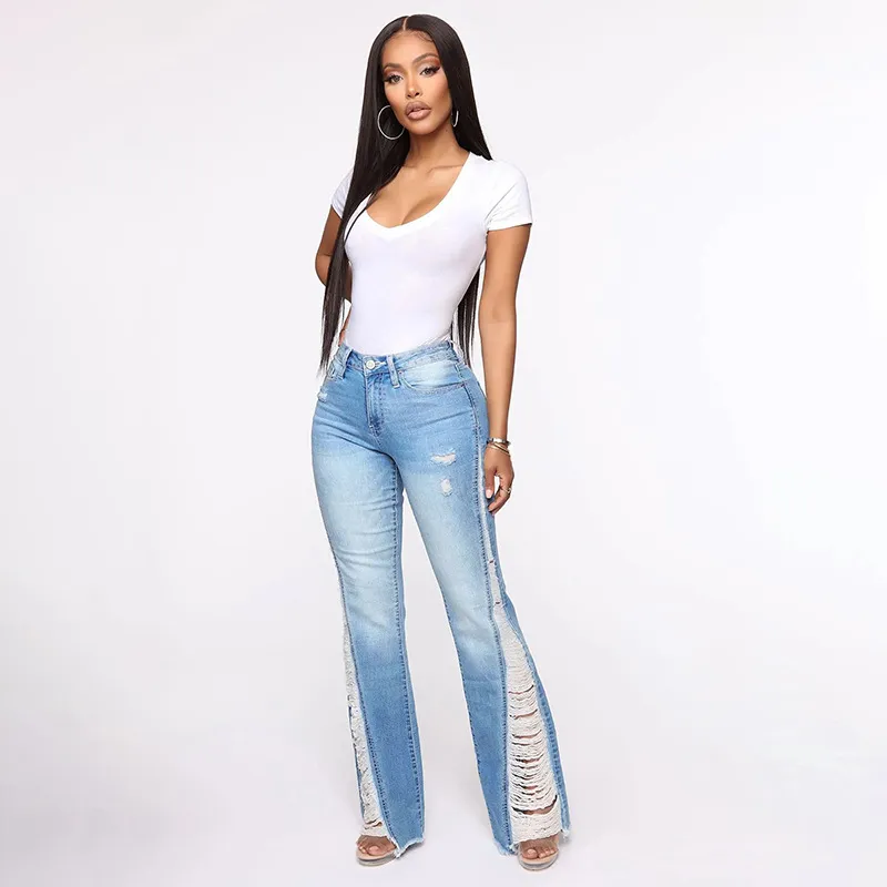 Women High Waist Stretch Side Fringe Ripped Jeans