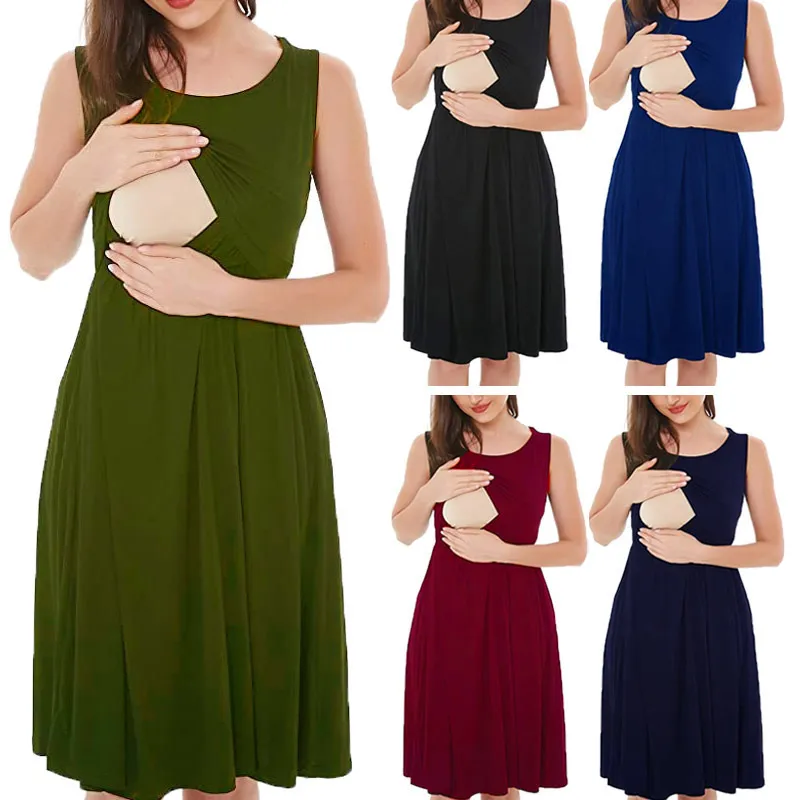 Pregnant Women Fashion Solid Color Stitching Sleeveless Midi Dress