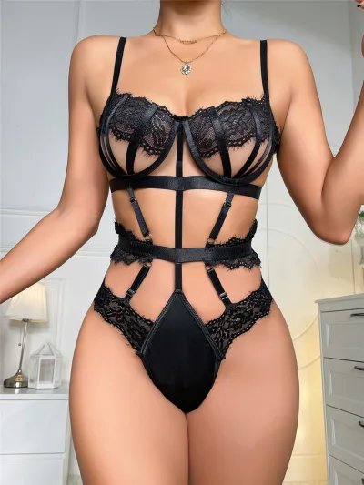 Women Sexy Lace Embroidery Hollow Stitching Bodysuit Bra Set