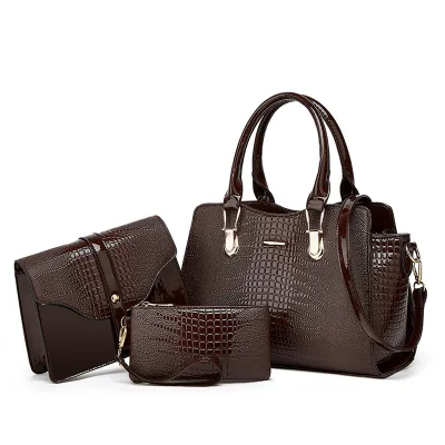 Women Retro Crocodile Pattern PU Large Capacity Handle Shoulder Bag Three-Piece Set