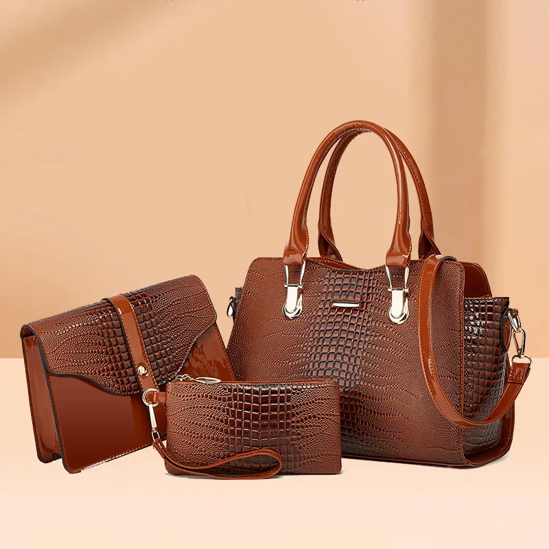Women Retro Crocodile Pattern PU Large Capacity Handle Shoulder Bag Three-Piece Set