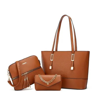 Women Fashion Solid Color Plaid Embossed Tassel Zipper Large Capacity PU Tote Shoulder Bag Three-Piece Set