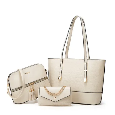 Women Fashion Solid Color Plaid Embossed Tassel Zipper Large Capacity PU Tote Shoulder Bag Three-Piece Set