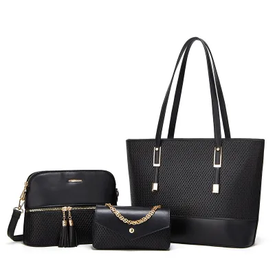 Women Fashion Solid Color Plaid Embossed Tassel Zipper Large Capacity PU Tote Shoulder Bag Three-Piece Set