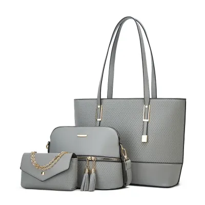 Women Fashion Solid Color Plaid Embossed Tassel Zipper Large Capacity PU Tote Shoulder Bag Three-Piece Set