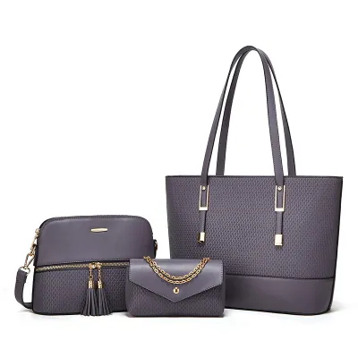 Women Fashion Solid Color Plaid Embossed Tassel Zipper Large Capacity PU Tote Shoulder Bag Three-Piece Set