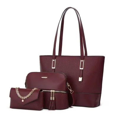 Women Fashion Solid Color Plaid Embossed Tassel Zipper Large Capacity PU Tote Shoulder Bag Three-Piece Set