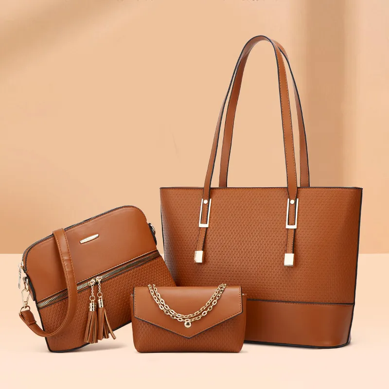 Women Fashion Solid Color Plaid Embossed Tassel Zipper Large Capacity PU Tote Shoulder Bag Three-Piece Set