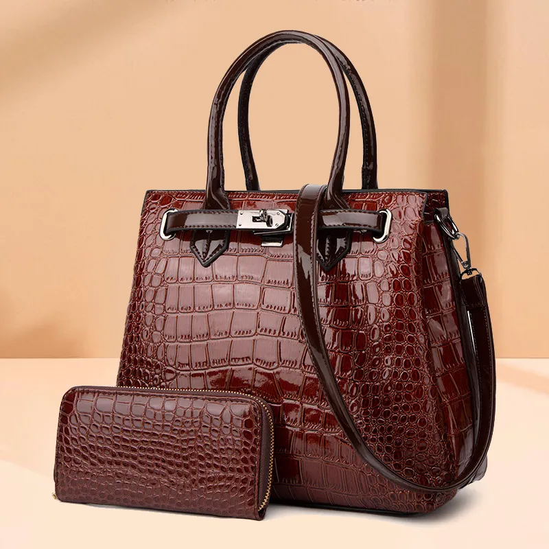 Women Fashionable Large Capacity Crocodile-Print Patent Leather Handle Shoulder Bags Two-Piece Set