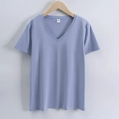 Women's Double-Sided Mercerized Cotton Summer Loose Crew Neck V Neck Solid Color Short Sleeve T-Shirt