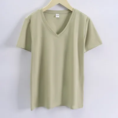 Women's Double-Sided Mercerized Cotton Summer Loose Crew Neck V Neck Solid Color Short Sleeve T-Shirt