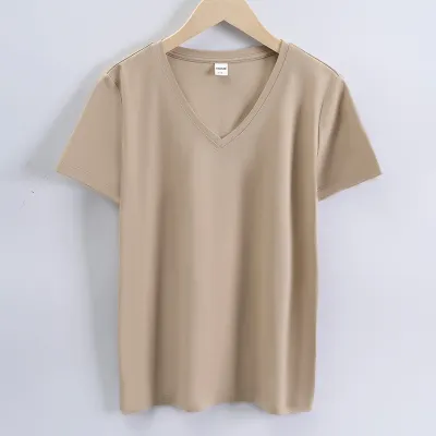 Women's Double-Sided Mercerized Cotton Summer Loose Crew Neck V Neck Solid Color Short Sleeve T-Shirt