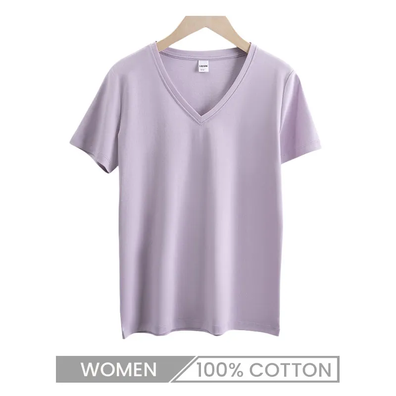 Women's Double-Sided Mercerized Cotton Summer Loose Crew Neck V Neck Solid Color Short Sleeve T-Shirt